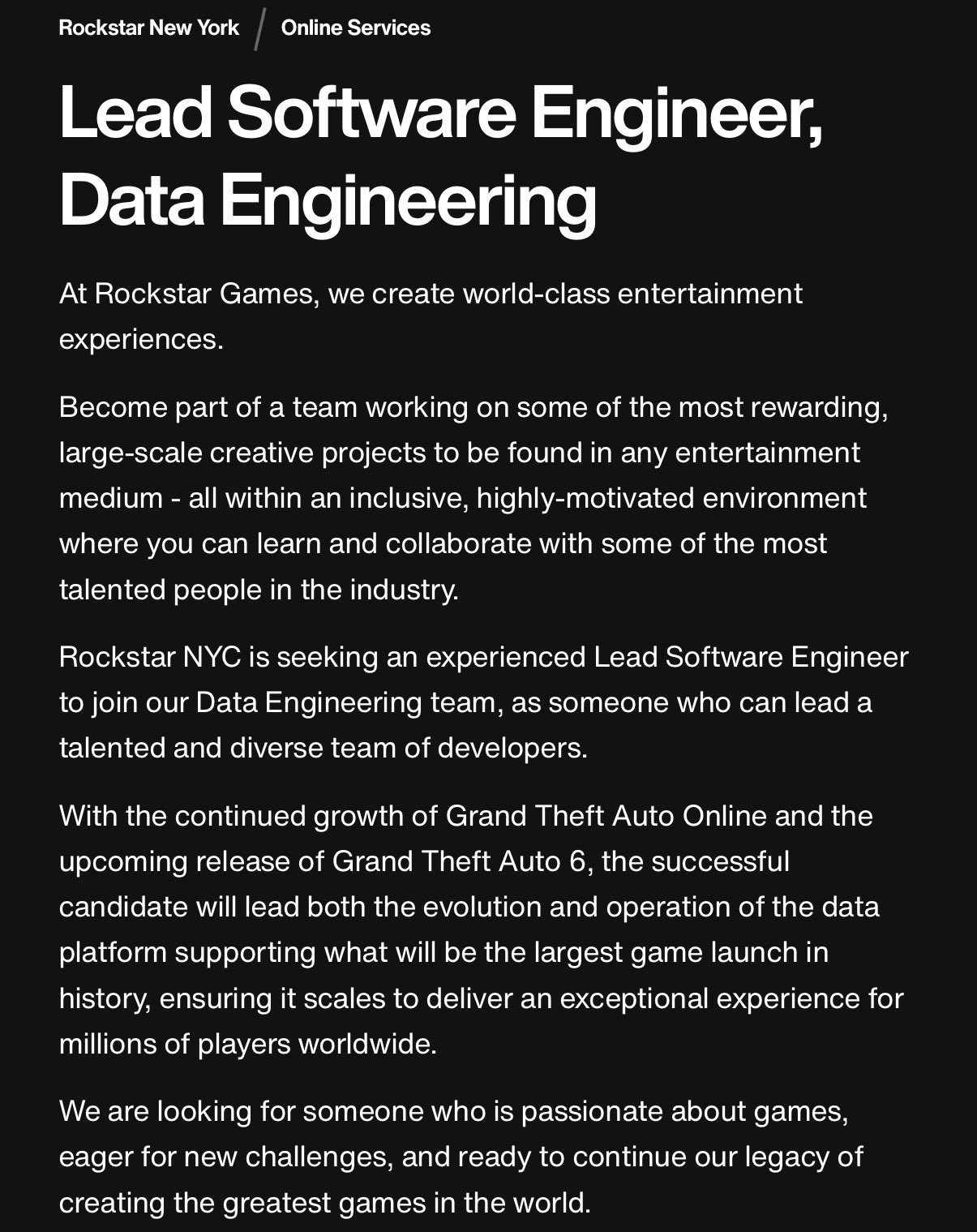 Rockstar bekrefter: GTA 6 blir «den største spilllanseringen i historien» – lanseres 26. mai 2026 2 En stillingsannonse for en ledende programvareingeniør, oppdaget av bruker X under navnet TheGTABase, sier at den vellykkede kandidaten vil jobbe med «det som vil bli den største spilllanseringen i historien».