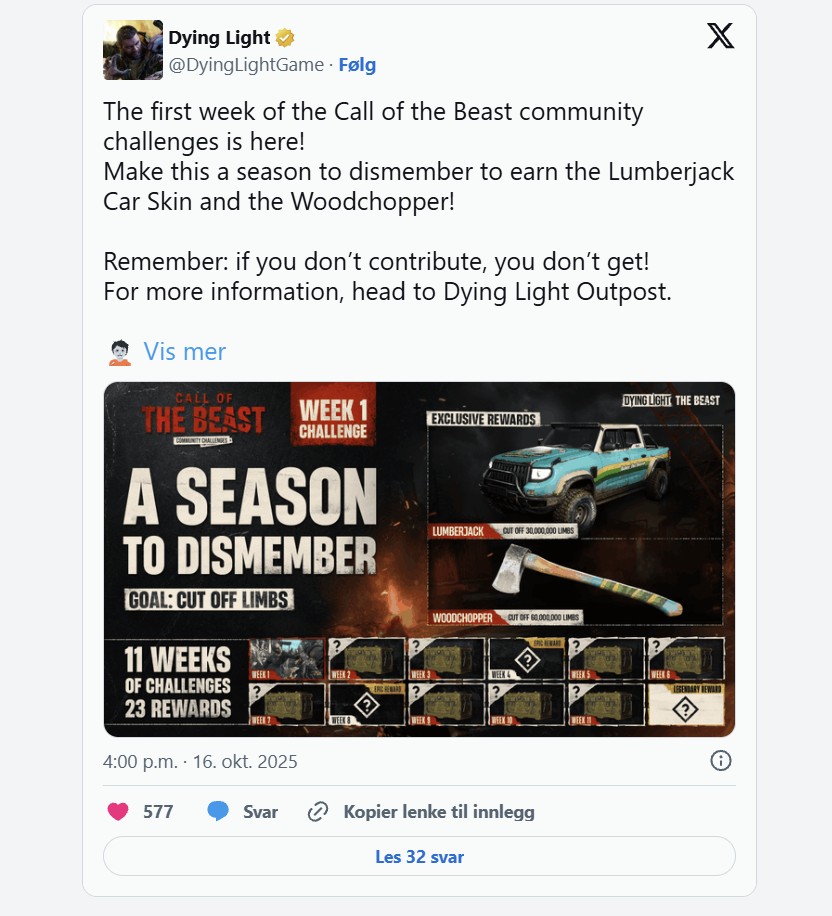 Dying Light: The Beast får 11 uker med massivt innhold 3 Oppdateringene starter i dag, 16. oktober, og varer til 7. januar.